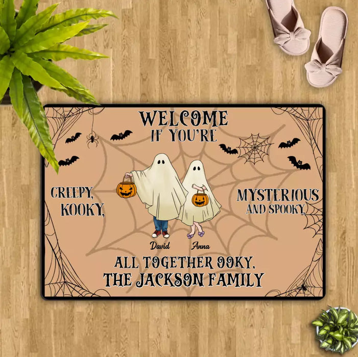 Custom Personalized Family Doormat - Halloween Gift Idea For Couple/ Family/ Pet Lover - Couple/ Parents With Up to 5 Kids And 3 Pets - Welcome If You're Creepy, Kooky