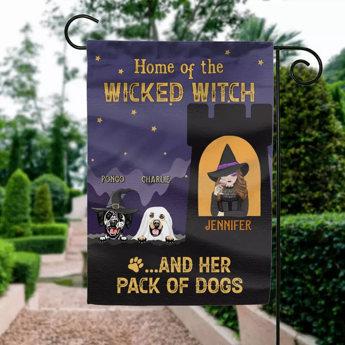 Custom Personalized Witch Dog Flag Sign - Halloween Gift Idea For Family/ Dog Lover - Upto 4 Dogs - Home Of The Wicked Witch And Her Pack Of Dogs