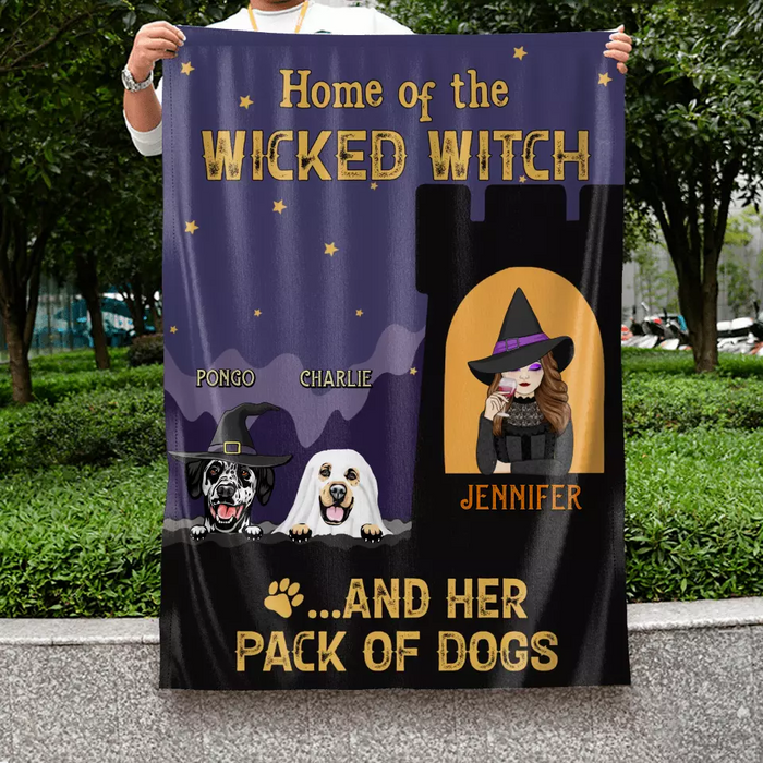 Custom Personalized Witch Dog Flag Sign - Halloween Gift Idea For Family/ Dog Lover - Upto 4 Dogs - Home Of The Wicked Witch And Her Pack Of Dogs