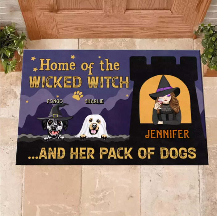 Custom Personalized Witch Dog Doormat - Halloween Gift Idea For Family/ Dog Lover - Upto 7 Dogs - Home Of The Wicked Witch And Her Pack Of Dogs