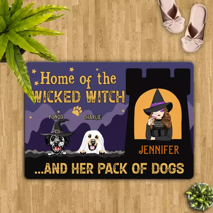 Custom Personalized Witch Dog Doormat - Halloween Gift Idea For Family/ Dog Lover - Upto 7 Dogs - Home Of The Wicked Witch And Her Pack Of Dogs