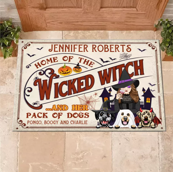 Custom Personalized Witch Dog Doormat - Halloween Gift Idea For Witch/ Dog Lovers With Up To 3 Dogs - Home Of The Wicked Witch And Her Pack Of Dogs