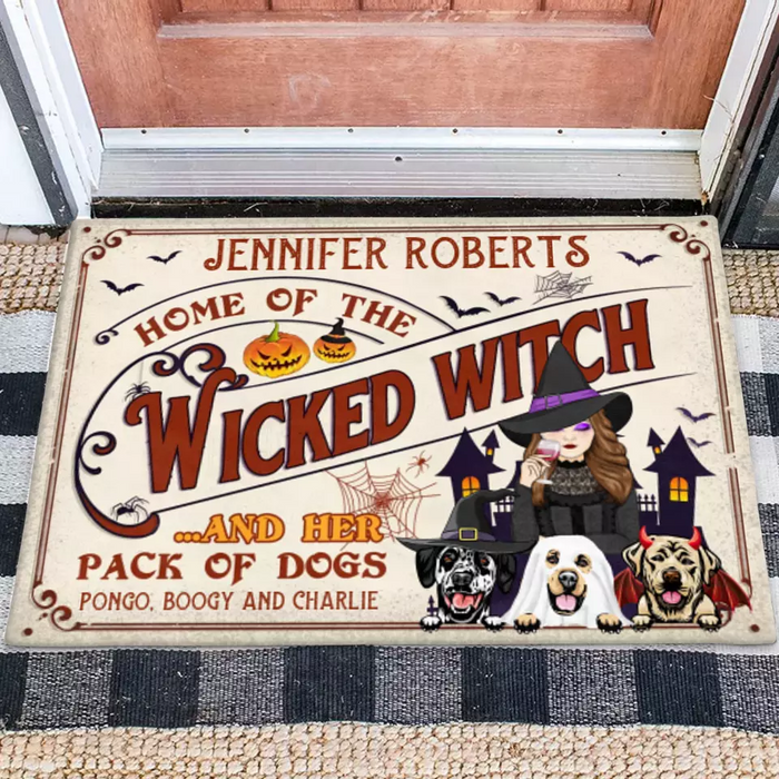 Custom Personalized Witch Dog Doormat - Halloween Gift Idea For Witch/ Dog Lovers With Up To 3 Dogs - Home Of The Wicked Witch And Her Pack Of Dogs