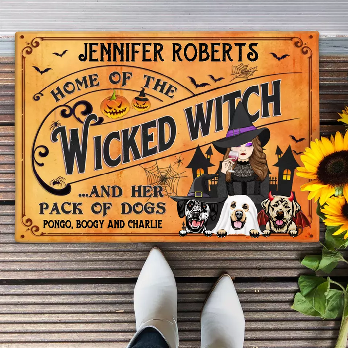 Custom Personalized Wicked Witch Dog Doormat - Halloween Gift Idea For Witch/ Dog Lovers With Up To 3 Dogs - Home Of The Wicked Witch And Her Pack Of Dogs