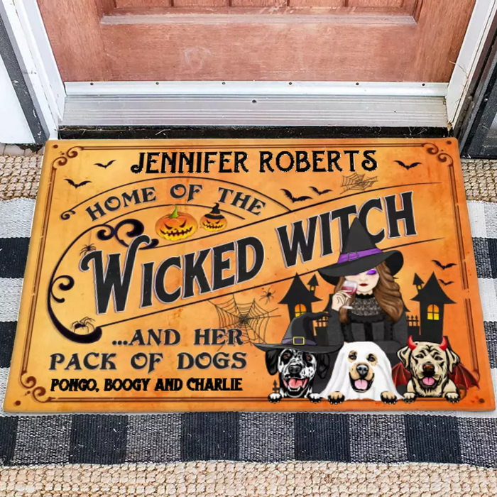 Custom Personalized Wicked Witch Dog Doormat - Halloween Gift Idea For Witch/ Dog Lovers With Up To 3 Dogs - Home Of The Wicked Witch And Her Pack Of Dogs