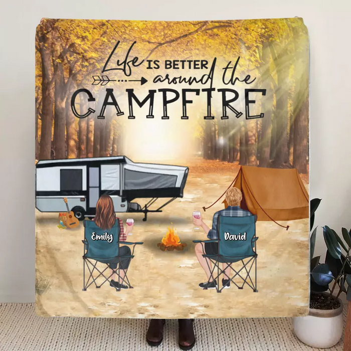 Custom Personalized Autumn Camping Single Layer Fleece/ Quilt Blanket - Couple/ Parents With Upto 3 Kids And 4 Pets - Gift For Camping Lovers - Life Is Better Around The Campfire