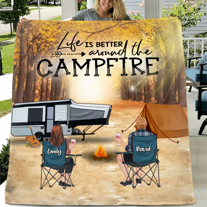 Custom Personalized Autumn Camping Single Layer Fleece/ Quilt Blanket - Couple/ Parents With Upto 3 Kids And 4 Pets - Gift For Camping Lovers - Life Is Better Around The Campfire