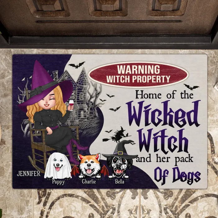 Custom Personalized Warrning Witch Property Doormat - Halloween Gift Idea For Witch/ Dog Lovers With Up To 3 Dogs -  Home Of The Wicked Witch And Her Pack Of Dogs