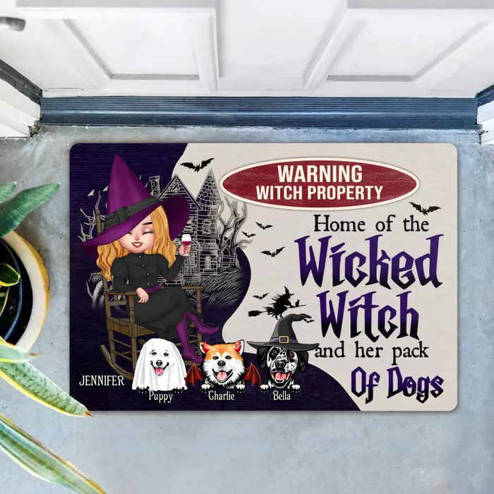 Custom Personalized Warrning Witch Property Doormat - Halloween Gift Idea For Witch/ Dog Lovers With Up To 3 Dogs -  Home Of The Wicked Witch And Her Pack Of Dogs