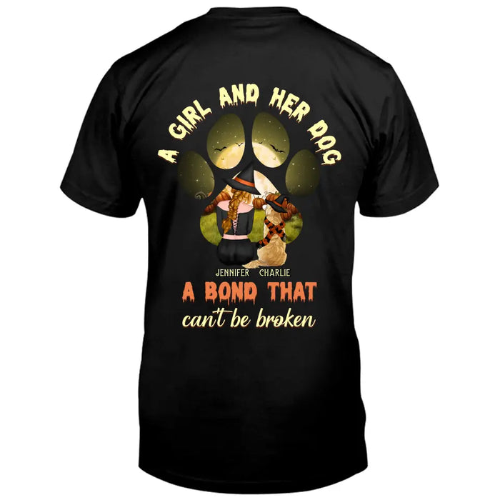 Custom Personalized Witch Dog T-shirt/ Hoodie - Woman With Upto 4 Dogs - Halloween Gift Idea For Dogs Lover - A Girl And Her Dog A Bond That Can't Be Broken