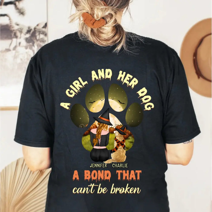 Custom Personalized Witch Dog T-shirt/ Hoodie - Woman With Upto 4 Dogs - Halloween Gift Idea For Dogs Lover - A Girl And Her Dog A Bond That Can't Be Broken