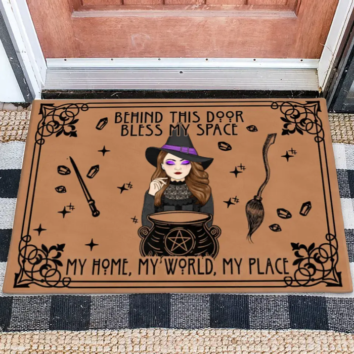 Custom Personalized Witch Doormat - Halloween Gift Idea For Witch - Behind This Door Bless My Space My Home, My World, My Place