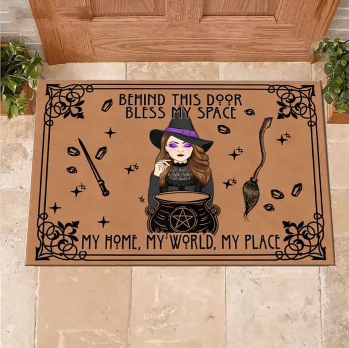 Custom Personalized Witch Doormat - Halloween Gift Idea For Witch - Behind This Door Bless My Space My Home, My World, My Place