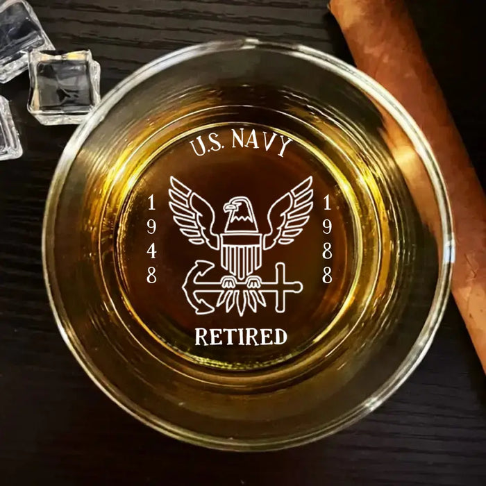 Custom Personalized Retired Veteran Engraved Whiskey Glass - Gift Idea For Veteran/ Father