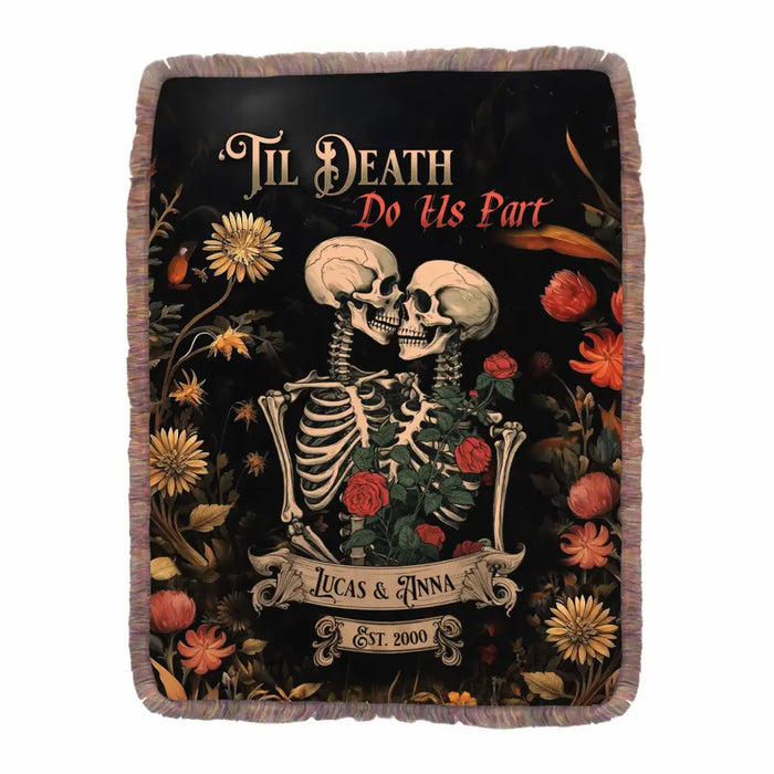 Custom Personalized Skeleton Couple Ultra -Soft Mixed Green Fringe Blanket - Halloween/ Anniversary Gift Idea For Couple - 'Til Death Do Us Part