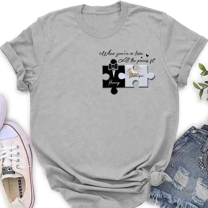 Custom Personalized Couple Puzzle Shirt/ Hoodie - Anniversary/ Wedding Gift Idea For Couple - When You're In Love All The Pieces Fit