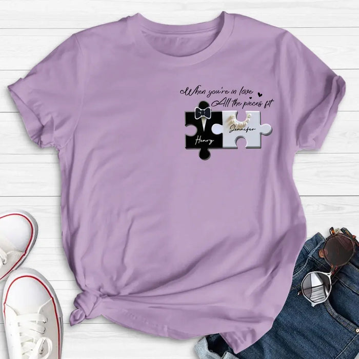 Custom Personalized Couple Puzzle Shirt/ Hoodie - Anniversary/ Wedding Gift Idea For Couple - When You're In Love All The Pieces Fit