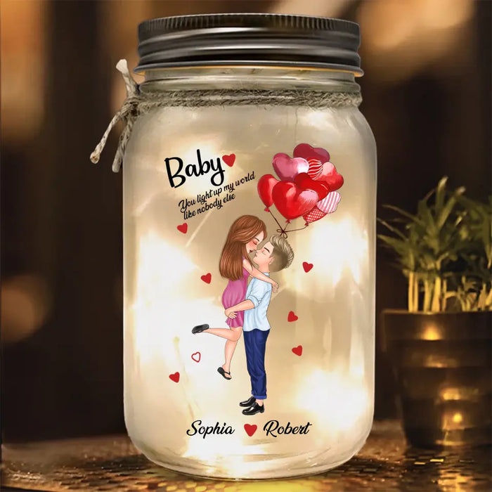 Custom Personalized Couple Mason Jar Light - Anniversary/ Christmas Gift Idea For Couple/ Him Her - You Light Up My World Like Nobody Else