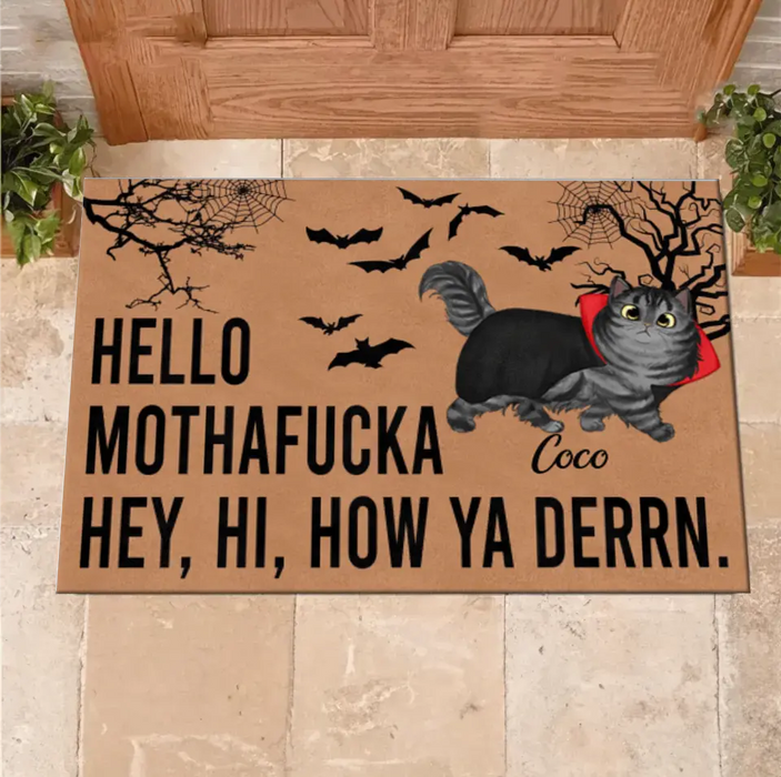 Custom Personalized Cat Doormat - Halloween Gift Idea For Cat Lover - Upto 5 Cats - Hello Mothafucka