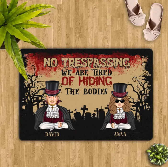 Custom Personalized Halloween Couple Doormat - Halloween Gift Idea For Couple/ Family With Upto 2 Kids - No Trespassing We Are Tired of Hiding the Bodies