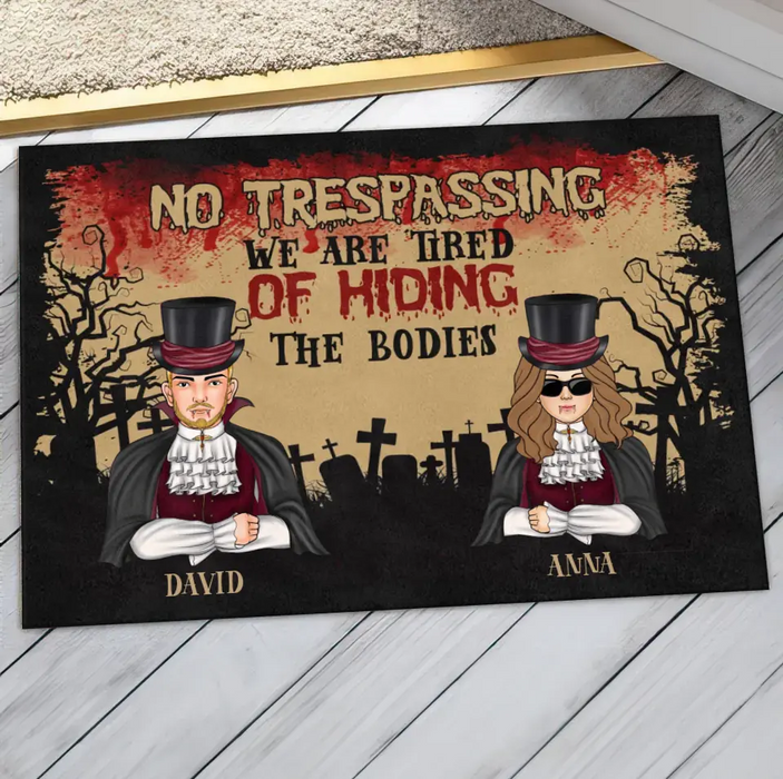 Custom Personalized Halloween Couple Doormat - Halloween Gift Idea For Couple/ Family With Upto 2 Kids - No Trespassing We Are Tired of Hiding the Bodies