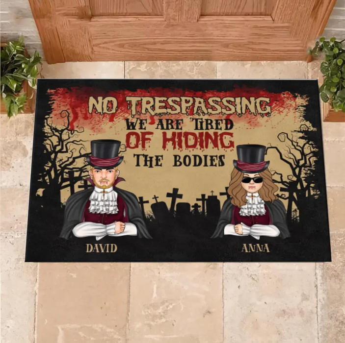 Custom Personalized Halloween Couple Doormat - Halloween Gift Idea For Couple/ Family With Upto 2 Kids - No Trespassing We Are Tired of Hiding the Bodies