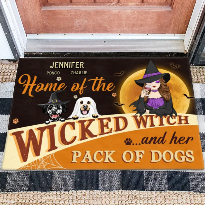 Custom Personalized Halloween Witch Dog Doormat - Gift Idea For Family/ Pet Lover - Upto 7 Dogs - Home Of The Wicked Witch And Her Pack Of Dogs