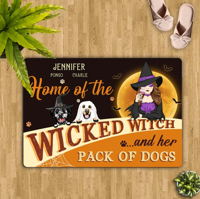 Custom Personalized Halloween Witch Dog Doormat - Gift Idea For Family/ Pet Lover - Upto 7 Dogs - Home Of The Wicked Witch And Her Pack Of Dogs