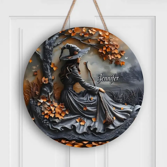 Custom Personalized Witch Broom Circle Wooden Sign - Halloween/ Birthday Gift Idea For Yourself, Women, Witch Lovers