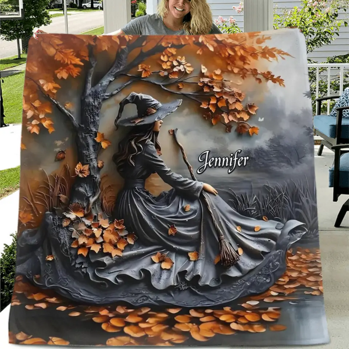 Custom Personalized Witch Broom Quilt/Fleece Throw Blanket - Halloween/ Birthday Gift Idea For Yourself, Women, Witch Lovers