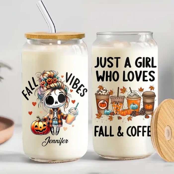 Custom Personalized Fall Vibes Transparent Glass Tumbler With Straw - Gift Idea For Yourself, Women, Fall Lovers - Just A Girl Who Loves Fall & Coffee