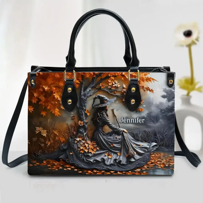 Custom Personalized Witches Broom PU Leather Handbag with Long Straps - Halloween Gift Idea For Woman/ Witch/ Friend