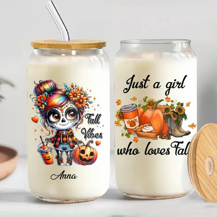 Custom Personalized Fall Vibes Transparent Glass Tumbler With Straw - Gift Idea For Yourself, Women, Fall Lovers - Just A Girl Who Loves Fall