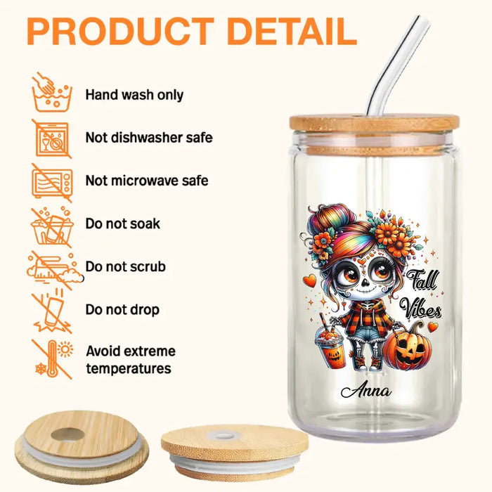 Custom Personalized Fall Vibes Transparent Glass Tumbler With Straw - Gift Idea For Yourself, Women, Fall Lovers - Just A Girl Who Loves Fall