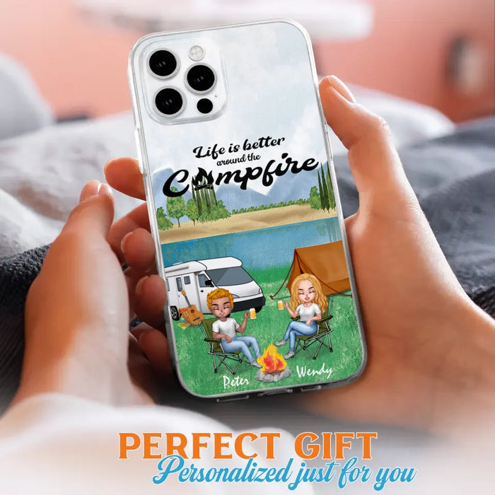 Custom Personalized Camping Chibi Phone Case - Couple With Upto 2 Dogs - Gift Idea For Camping Lover - Case For iPhone And Samsung