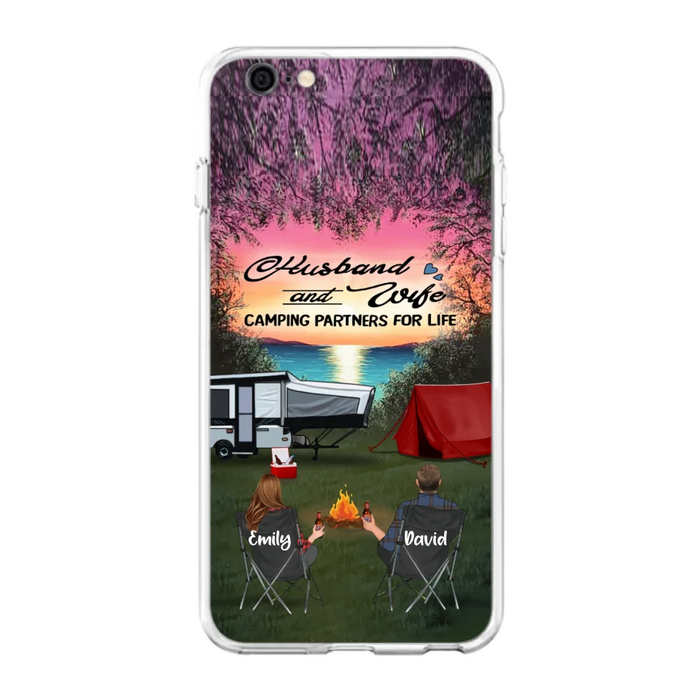 Custom Personalized Camping Phone Case - Couple With Upto 3 Kids And 4 Pets - Gift Idea For Camping Lover - Husband And Wife Camping Partners For Life - Case For iPhone And Samsung