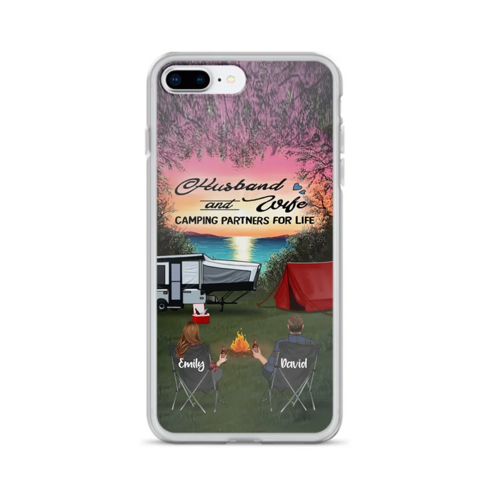 Custom Personalized Camping Phone Case - Couple With Upto 3 Kids And 4 Pets - Gift Idea For Camping Lover - Husband And Wife Camping Partners For Life - Case For iPhone And Samsung