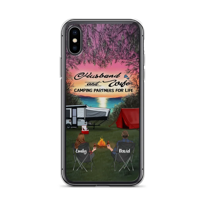 Custom Personalized Camping Phone Case - Couple With Upto 3 Kids And 4 Pets - Gift Idea For Camping Lover - Husband And Wife Camping Partners For Life - Case For iPhone And Samsung