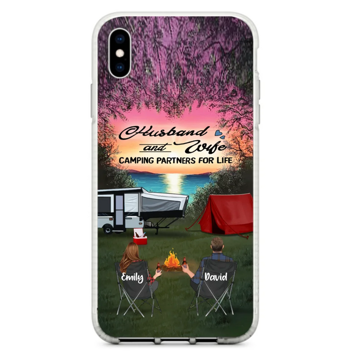 Custom Personalized Camping Phone Case - Couple With Upto 3 Kids And 4 Pets - Gift Idea For Camping Lover - Husband And Wife Camping Partners For Life - Case For iPhone And Samsung