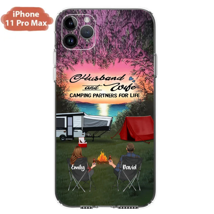 Custom Personalized Camping Phone Case - Couple With Upto 3 Kids And 4 Pets - Gift Idea For Camping Lover - Husband And Wife Camping Partners For Life - Case For iPhone And Samsung