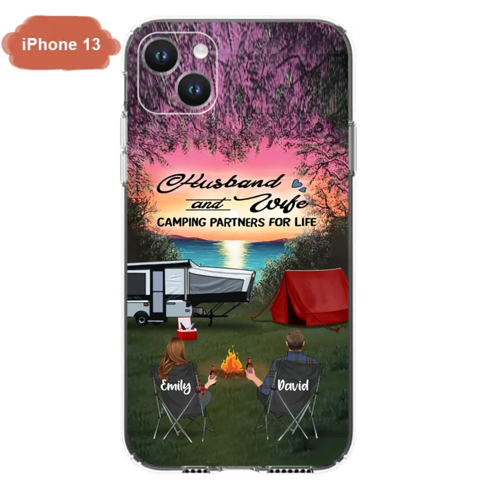 Custom Personalized Camping Phone Case - Couple With Upto 3 Kids And 4 Pets - Gift Idea For Camping Lover - Husband And Wife Camping Partners For Life - Case For iPhone And Samsung