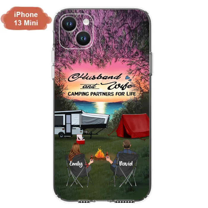 Custom Personalized Camping Phone Case - Couple With Upto 3 Kids And 4 Pets - Gift Idea For Camping Lover - Husband And Wife Camping Partners For Life - Case For iPhone And Samsung