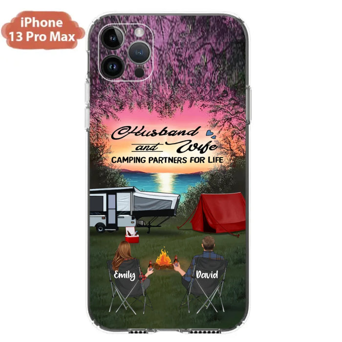 Custom Personalized Camping Phone Case - Couple With Upto 3 Kids And 4 Pets - Gift Idea For Camping Lover - Husband And Wife Camping Partners For Life - Case For iPhone And Samsung