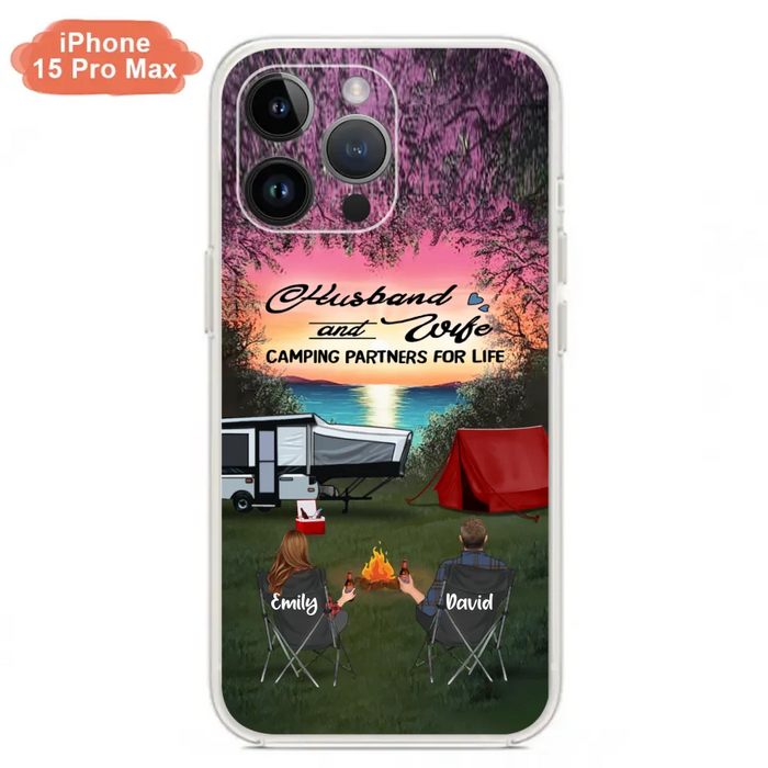 Custom Personalized Camping Phone Case - Couple With Upto 3 Kids And 4 Pets - Gift Idea For Camping Lover - Husband And Wife Camping Partners For Life - Case For iPhone And Samsung