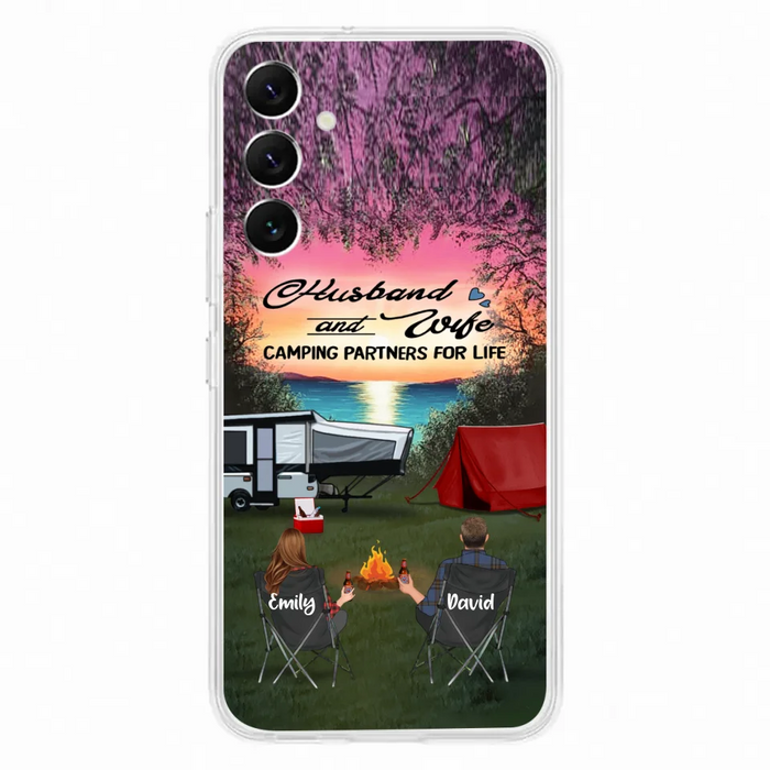 Custom Personalized Camping Phone Case - Couple With Upto 3 Kids And 4 Pets - Gift Idea For Camping Lover - Husband And Wife Camping Partners For Life - Case For iPhone And Samsung