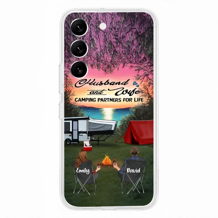 Custom Personalized Camping Phone Case - Couple With Upto 3 Kids And 4 Pets - Gift Idea For Camping Lover - Husband And Wife Camping Partners For Life - Case For iPhone And Samsung