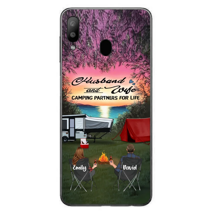 Custom Personalized Camping Phone Case - Couple With Upto 3 Kids And 4 Pets - Gift Idea For Camping Lover - Husband And Wife Camping Partners For Life - Case For iPhone And Samsung