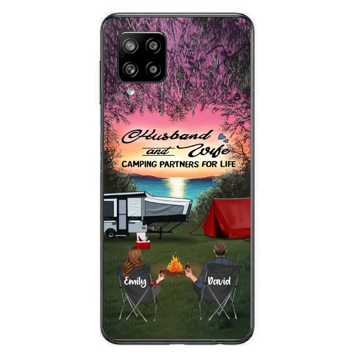 Custom Personalized Camping Phone Case - Couple With Upto 3 Kids And 4 Pets - Gift Idea For Camping Lover - Husband And Wife Camping Partners For Life - Case For iPhone And Samsung