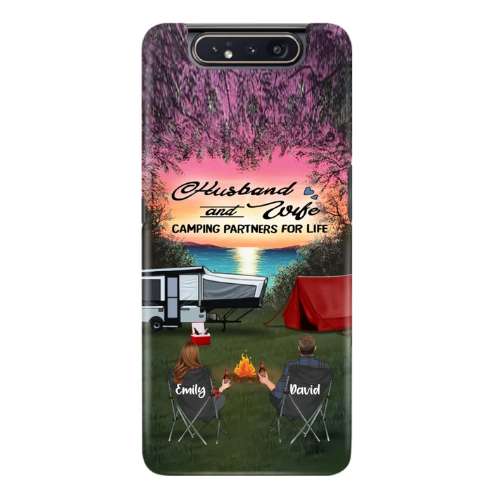 Custom Personalized Camping Phone Case - Couple With Upto 3 Kids And 4 Pets - Gift Idea For Camping Lover - Husband And Wife Camping Partners For Life - Case For iPhone And Samsung