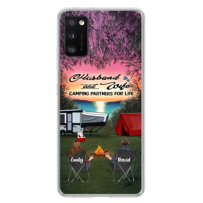 Custom Personalized Camping Phone Case - Couple With Upto 3 Kids And 4 Pets - Gift Idea For Camping Lover - Husband And Wife Camping Partners For Life - Case For iPhone And Samsung